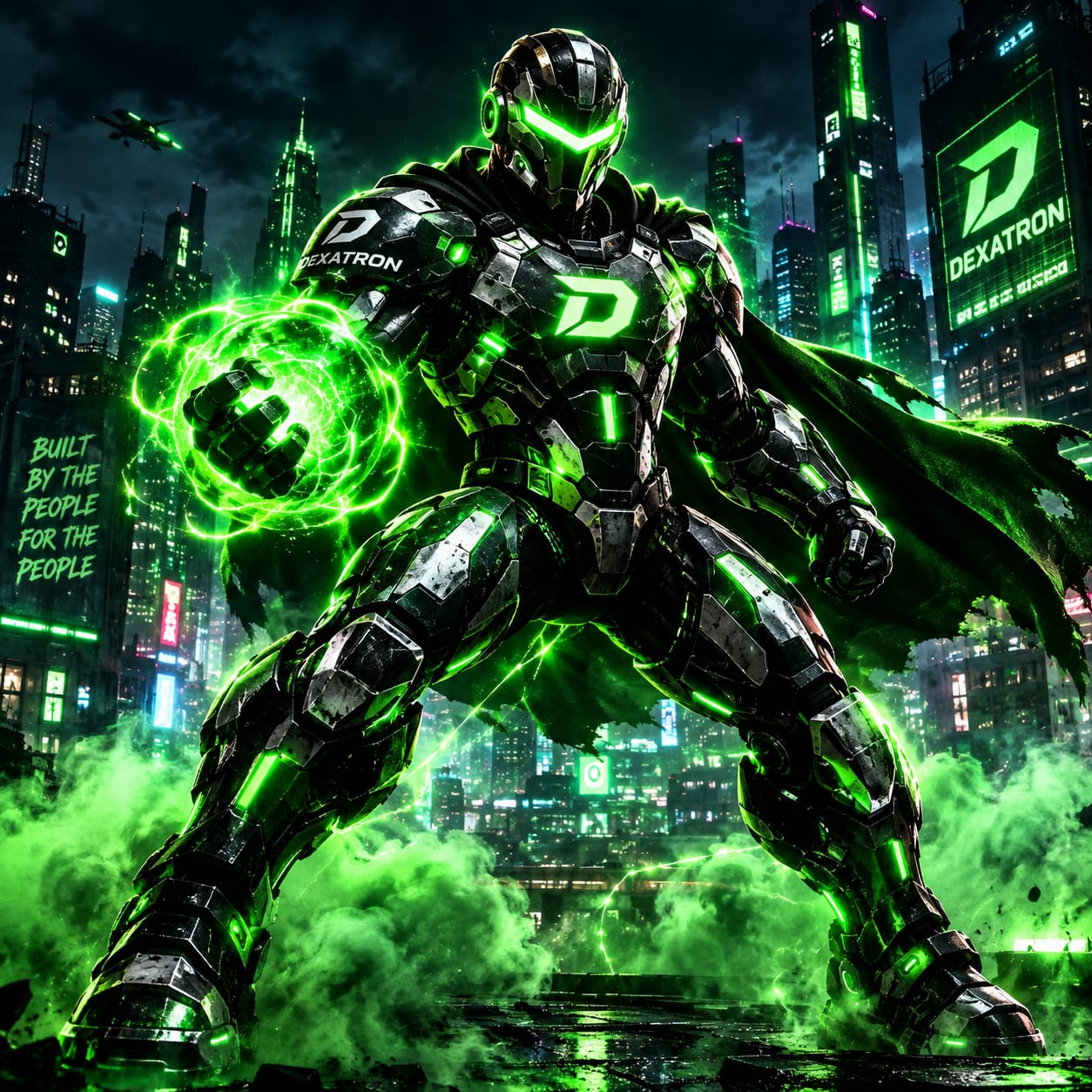Dexatron, an armored green-and-black robot guardian, standing before a neon city
