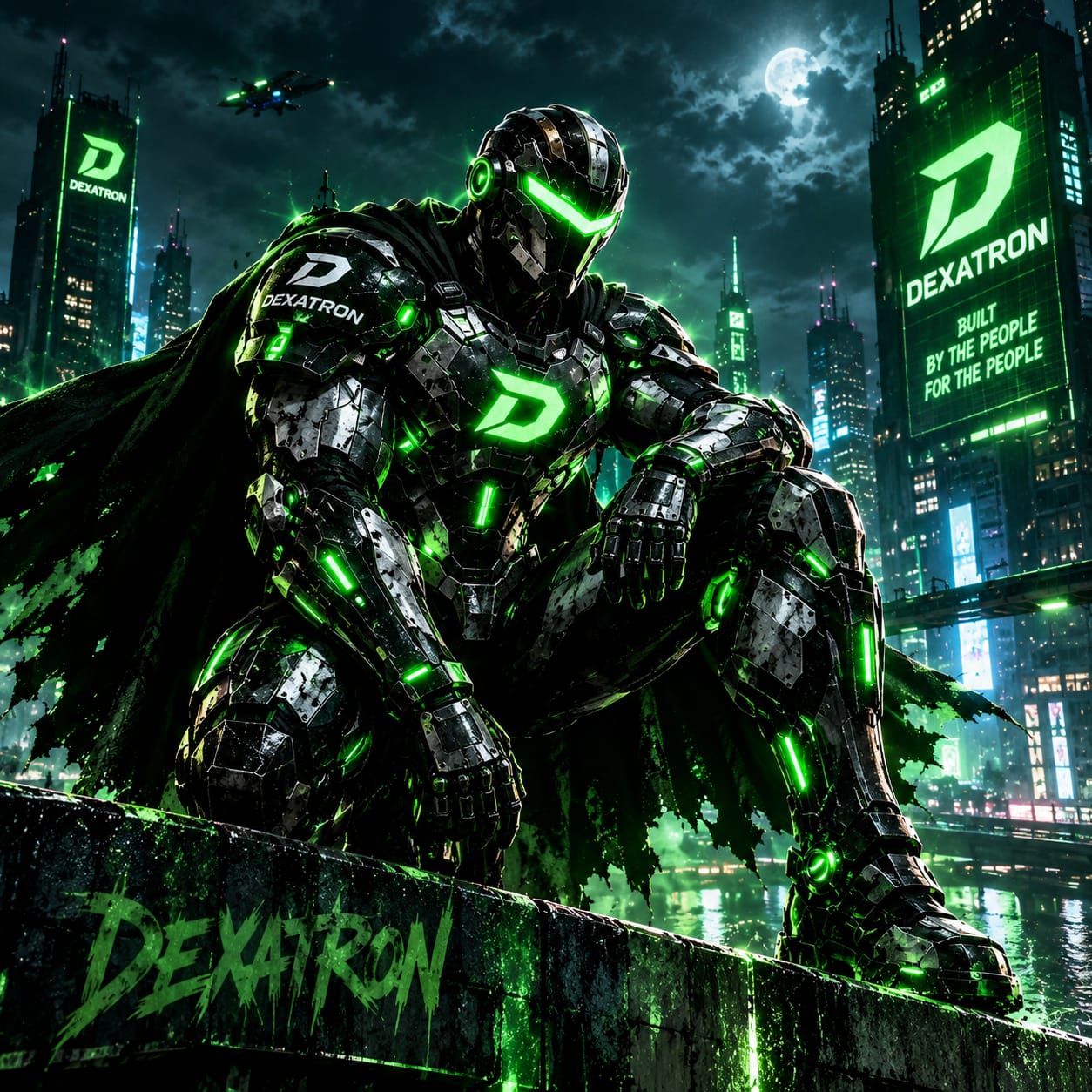 Dexatron perched over the city at night, watching for trouble